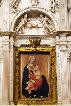Madonna Lactans (Nursing Madonna) painting in Siena cathedral. Painting is placed in the centre of the Carrara marble Piccolomini Altar made by Paolo di Giovanni Fei