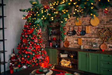 Christmas bright stylish Scandinavian style kitchen. The concept of a decorated cozy home for the holidays.