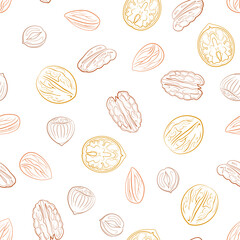 Nuts mix seamless pattern. Line art vector illustration. Healthy food background. Almond, pecan, walnut and hazelnut.