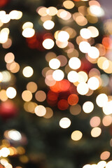 Christmas tree indoor, lights bokeh around, Christmas atmosphere, Christmas holidays banner