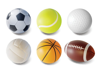 Realistic Detailed 3d Different Sport Ball Set for Basketball, Volleyball, Tennis and Golf. Vector illustration of Balls