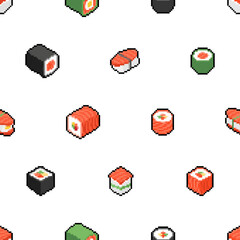 Sushi rolls pixel art pattern seamless. 8 bit Traditional Japanese food background. pixelated Vector texture