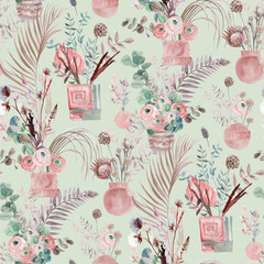 Seamless pattern with vases with sprigs of dried flowers of eucalyptus and ranunculus flowers for textile 