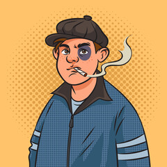 Hooligan bully man with black eye pinup pop art retro raster illustration. Comic book style imitation.