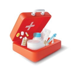 3d Simple Open Red First Aid Kit Plasticine Cartoon Style. Vector illustration of Doctor Suitcase with Medical Supplies