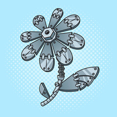 Iron metal flower pinup pop art retro raster illustration. Comic book style imitation.