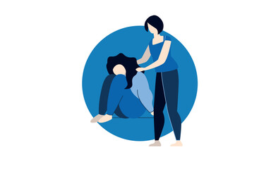 A woman gives support to a friend by holding her palms on her shoulder. The girl experiences stress, loneliness, anxiety, depression Vector flat isolated illustration
