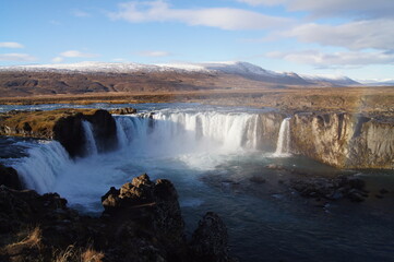 Fototapeta na wymiar Godafoss Waterfall ( 12m tall and 30m wide) near Akureyri in Northern Iceland