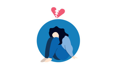 Woman suffering from mental illness anxiety burnout sits on the floor. Blue colors. Flat vector isolated illustration.
