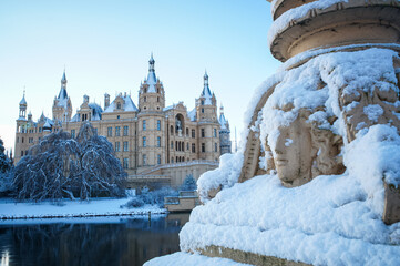 The Schwerin fairytale castle in the snow in germany winter