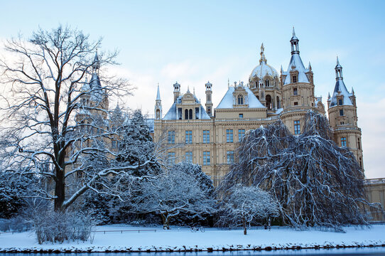 The Schwerin fairytale castle in the snow in germany winter 