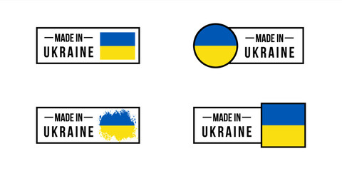 Set of made in Ukraine labels, made in Ukraine vector sticker pack, Ukrainian flag, Ukrainian product emblem, Vector illustration