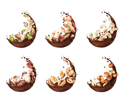 Set of various nuts in chocolate splashes isolated on a white background