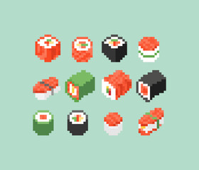 Sushi rolls pixel art set. 8 bit Traditional Japanese food. pixelated Vector illustration