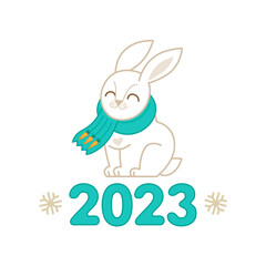 Vector illustration of cute rabbit in scarf. White Bunny. Premade card template. New Year's illustration of the Rabbit. Symbol of 2023 in the Lunar calendar, isolated.