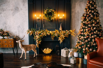Interior of a room decorated with Christmas and New Year. A festively decorated room in black...