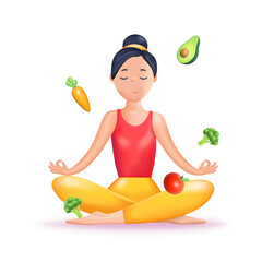 Sports, fitness, yoga 3d. Physical culture and nutrition. Sports. Isolated icons, objects of vegetables with a girl on a transparent background