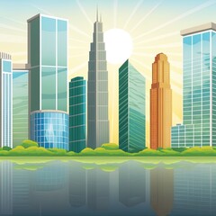 Modern city skyscrapers buildings at suncartoon style time with business and residential towers around a lake