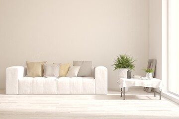 White living room with sofa. Scandinavian interior design. 3D illustration