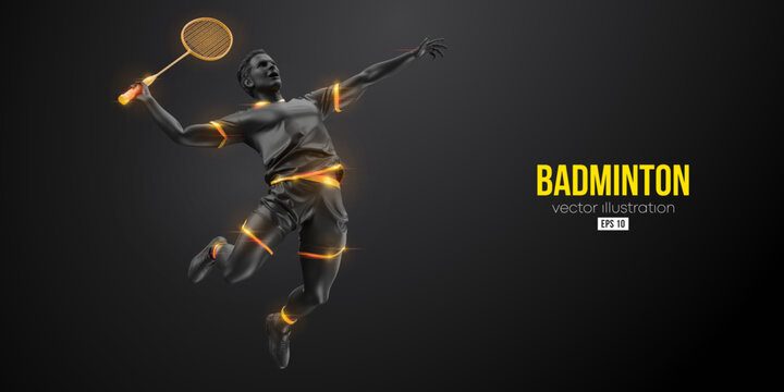 Abstract silhouette of a badminton player on black background. The badminton player man hits the shuttlecock. Vector illustration