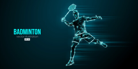 Abstract silhouette of a badminton player on black background. The badminton player man hits the shuttlecock. Vector illustration