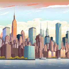 Obraz premium Panoramic photo of new york city skyline in manhattan downtown with skyscrapers at suncartoon style usa