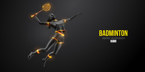 Abstract silhouette of a badminton player on black background. The badminton player woman hits the shuttlecock. Vector illustration - obrazy, fototapety, plakaty