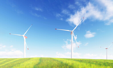 Fototapeta premium Panoramic view of wind farm or wind park, with high wind turbines for generation electricity with copy space. green energy concept. Windmills in the on a beautiful bright day.