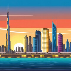 Dubai skyline at suncartoon style