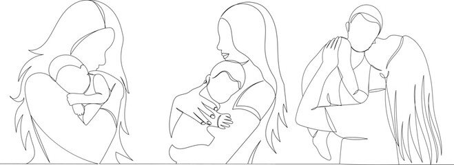 Fototapeta na wymiar moms and babies continuous line drawing, vector sketch