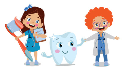 Cute Little Boy and Girl Brushing Teeth with Toothpaste and Toothbrush