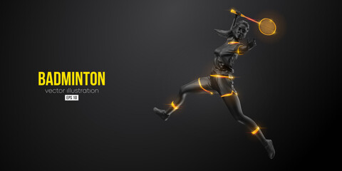 Abstract silhouette of a badminton player on black background. The badminton player woman hits the shuttlecock. Vector illustration