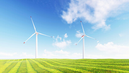Fototapeta premium Panoramic view of wind farm or wind park, with high wind turbines for generation electricity with copy space. green energy concept. Windmills in the on a beautiful bright day.