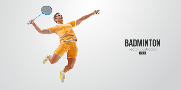 Realistic silhouette of a badminton player on white background. The badminton player man hits the shuttlecock. Vector illustration