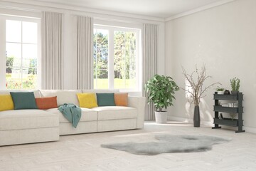 White living room with sofa and summer landscape in window. Scandinavian interior design. 3D illustration