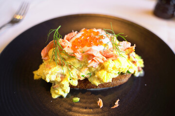 Isolated view of a salmon scramble dish