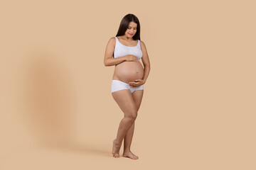 Full Length Shot Of Young Pregnant Woman In Underwear Embracing Belly © Prostock-studio