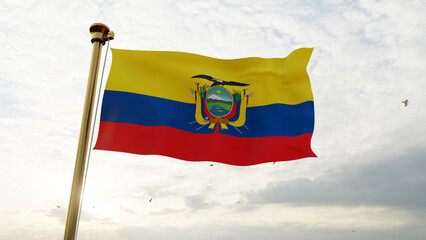 Ecuador national flag waving in beautiful sky. 3d rendering.
