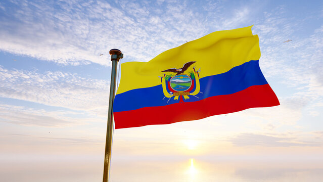 Ecuador national flag waving in beautiful sky. 3d rendering.
