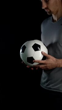 Football Player Kicks Soccer Ball Leg. Young Man Doing Tricks With Soccer Ball,  Slow motion