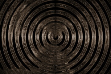 Cool wooden background. black and bronze spiral. abstract neon dark background. Backgrounds with future code. Stylish web image for creative design of layout. Black backdrop and light steel pattern.