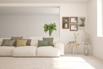 White living room with sofa. Scandinavian interior design. 3D illustration