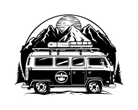 Travel bus in the mountains concept. Vintage hand drawn camp logo badge