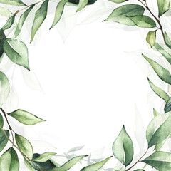 Delicate square isolated greenery round frame template watercolor painted. Background with branches, green leaves. Wedding ready design...Cut out hand drawn PNG illustration on transparent background