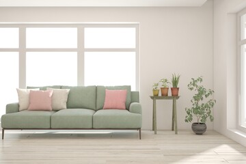 White living room with sofa. Scandinavian interior design. 3D illustration