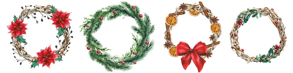 Fototapeta na wymiar Watercolor isolated set of wreath garland with Christmas fir tree branches, red balls, woven branches, red flowers and more. Cut out hand drawn PNG illustration on transparent background. 