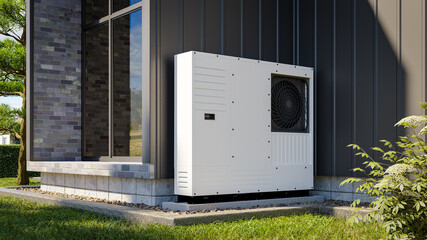 Heat pump installed at the wall of a single-family. house Image showing renewable energy sources.