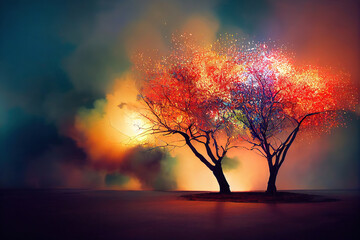 輝く木、カラフル爆発、抽象