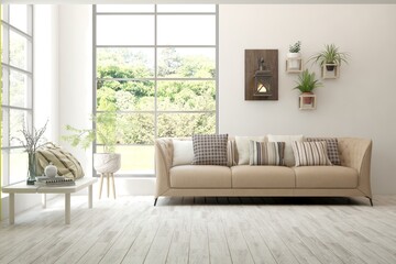 White living room with sofa and summer landscape in window. Scandinavian interior design. 3D illustration