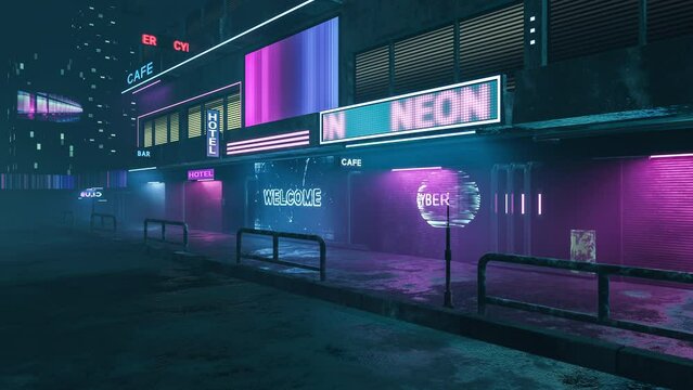 3D Abstract Scene, Futuristic Conceptual World, A City Street With A Horror Atmosphere, Cyberpunk Digital Style, Cityscape Of The Future, Animation Background. 4K Moving Loop, Cycled Seamless, Endless